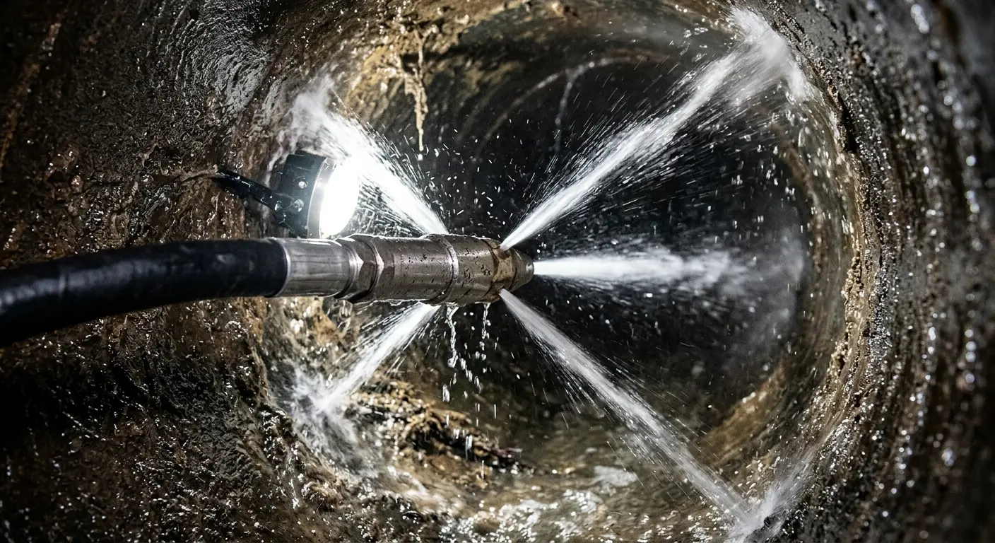 High-pressure hydro jetting nozzle cleaning sewer pipe for Trenchless Sewer Repair in Harrisonville