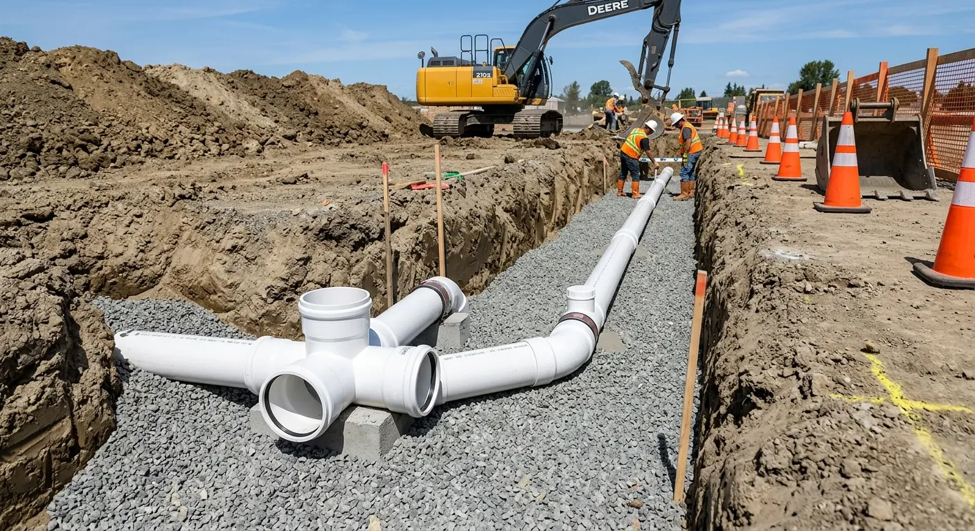 New PVC sewer pipe installation in open trench for Grease Trap Cleaning in Harrisonville