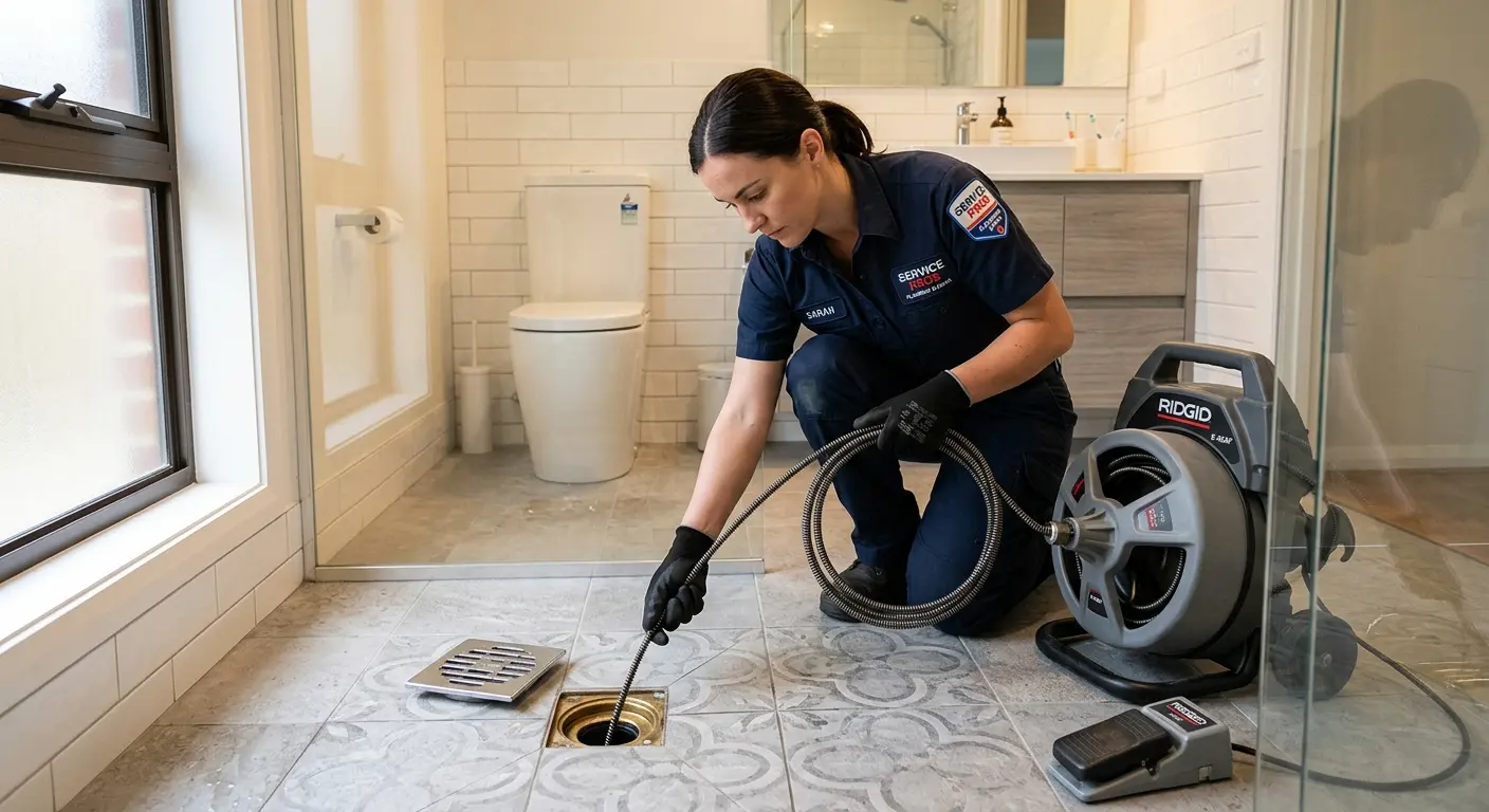 Technician clearing a bathroom floor drain for Sewer Line Replacement in Harrisonville